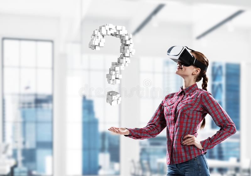 girl with a VR headset and a 3D question mark